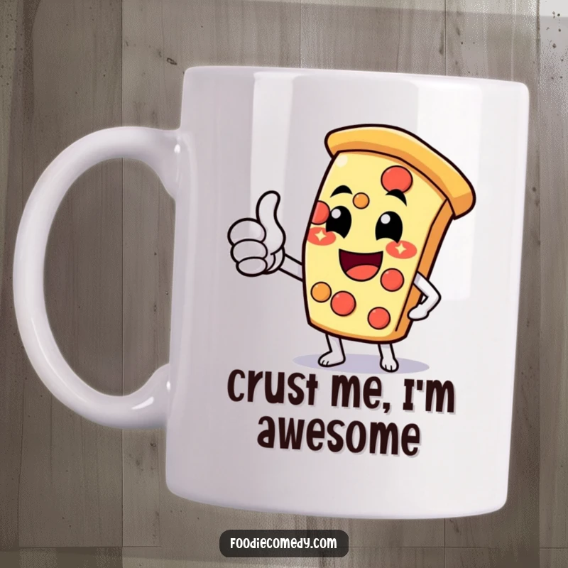Funny pizza slice mug with a cheesy grin and thumbs-up, radiating pure joy and enthusiasm for pizza lovers.