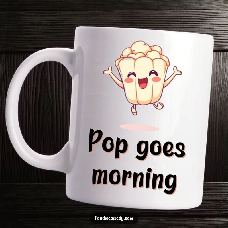 Funny mug featuring an excited popcorn kernel performing a playful leap, full of energy and movie-time joy.
