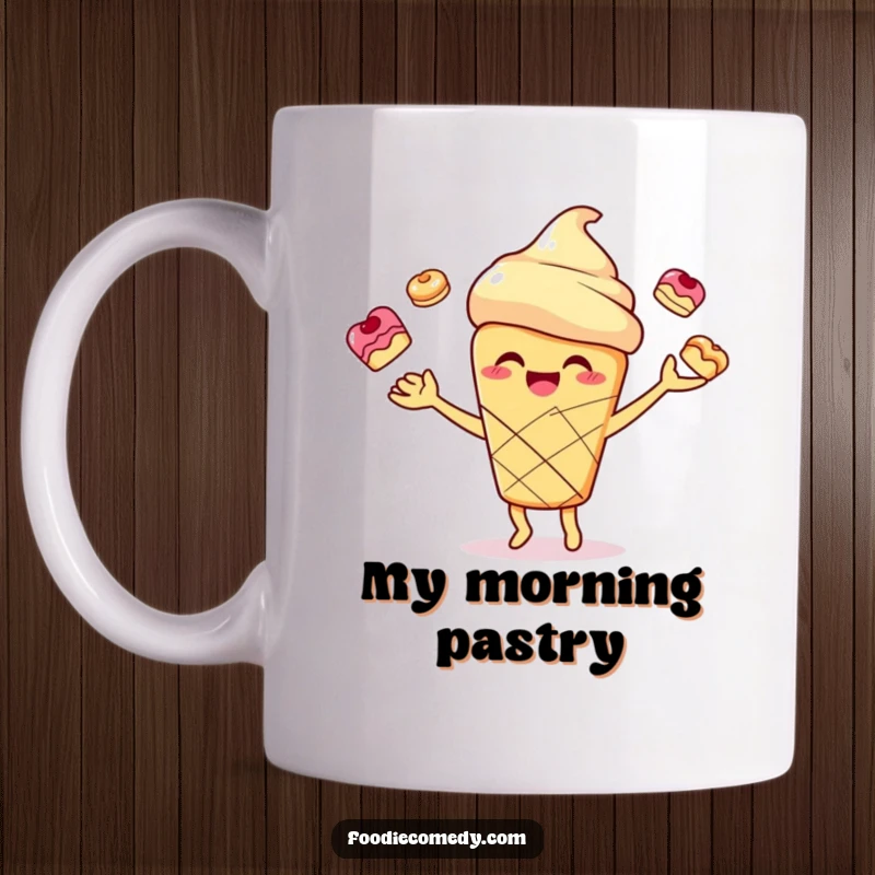 Funny smiling scone character joyfully juggling small pastries on a ceramic mug, perfect for bakers and dessert lovers.