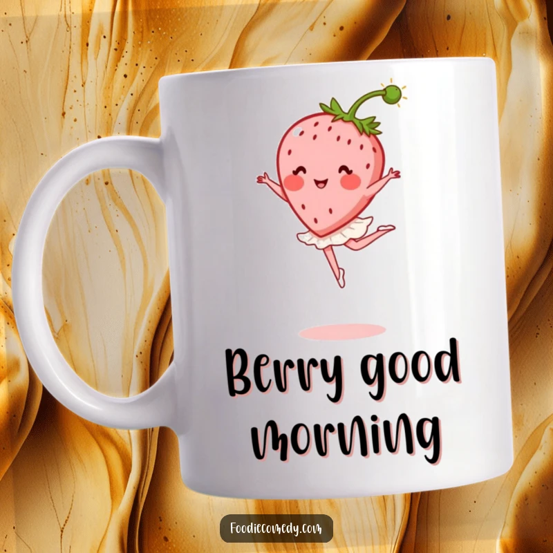 Funny Strawberry Ballet Mug: A blushing strawberry in a graceful ballet pose, stem as a plume, looking elegant and joyful.