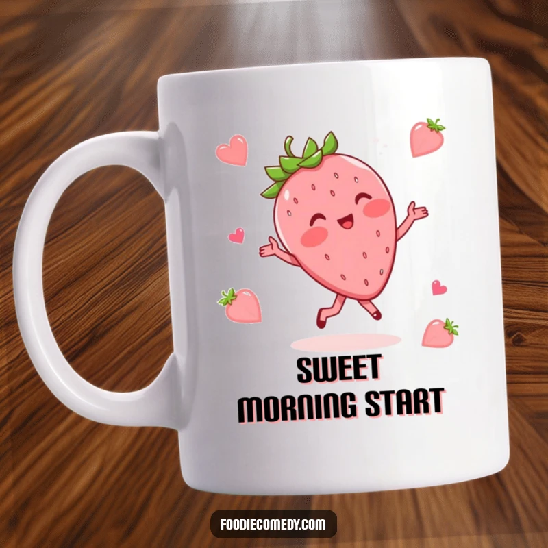 Funny mug with a blushing strawberry performing a whimsical waltz, full of fruity charm and dancing delight.