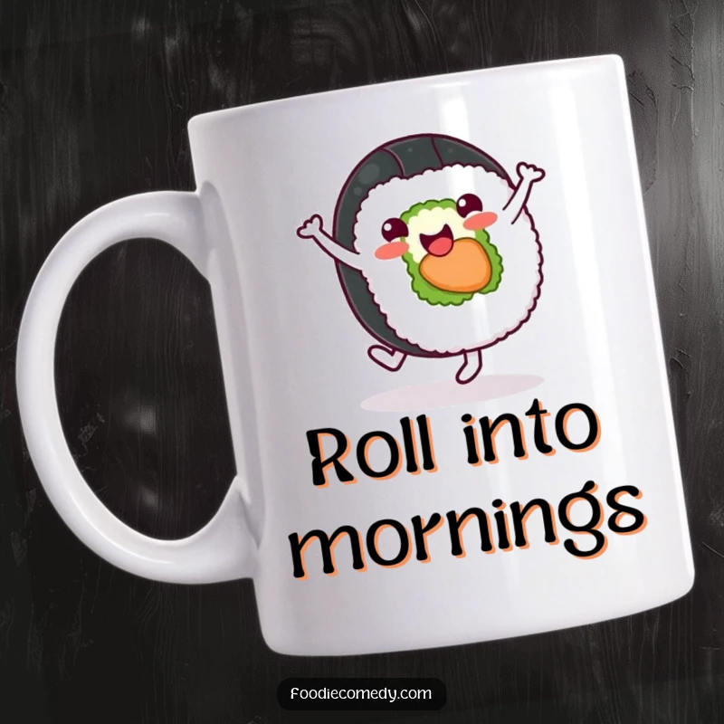 Funny sushi roll character with a cheerful expression doing a happy cartwheel, exuding joy and playful energy.