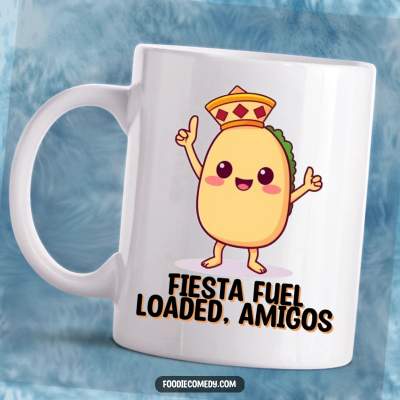 Funny mug featuring a kawaii taco character doing a joyful victory dance, wearing a small sombrero, perfect for taco lovers.