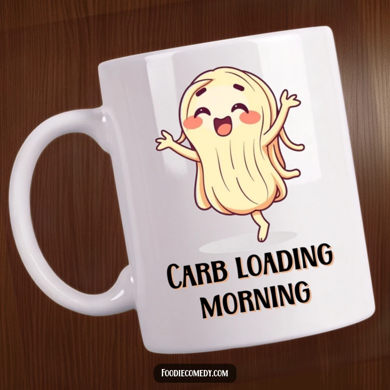 Funny wiggling noodle mug, a cartoon pasta character performing a silly, energetic dance with joyful abandon.