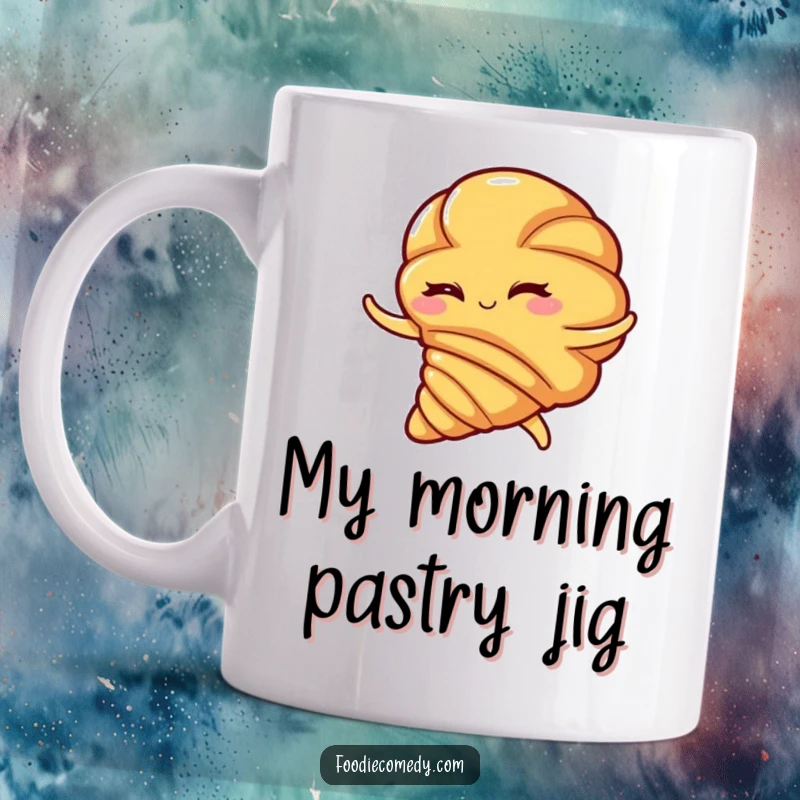 Funny winking croissant mug performing a flamboyant flamenco swirl dance, full of pastry panache and joyful movement.