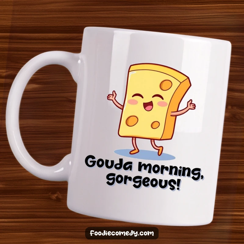 Funny mug showcasing a winking cheese slice energetically dancing the tango, radiating joy and a passion for performance.