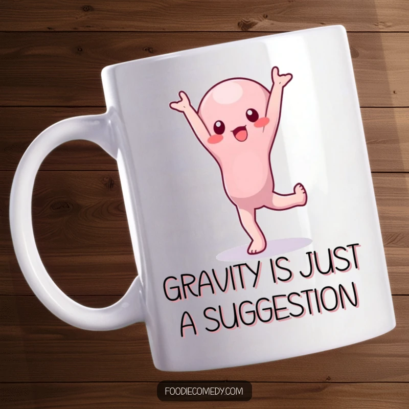 Funny Mug: A wobbly jelly character hilariously attempts a handstand with determined but unsteady effort, embodying pure comedic struggle.
