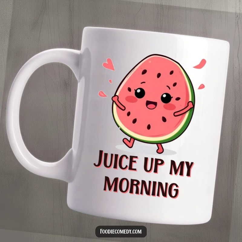 Funny Watermelon Slice Mug: A happy watermelon slice dancing energetically, seeds flying, to an imaginary beat, spreading joy.
