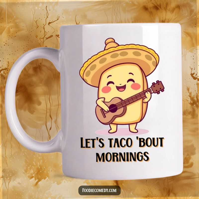 Funny taco mug wearing a tiny sombrero and playing a tiny guitar, radiating pure joy and musical fun.