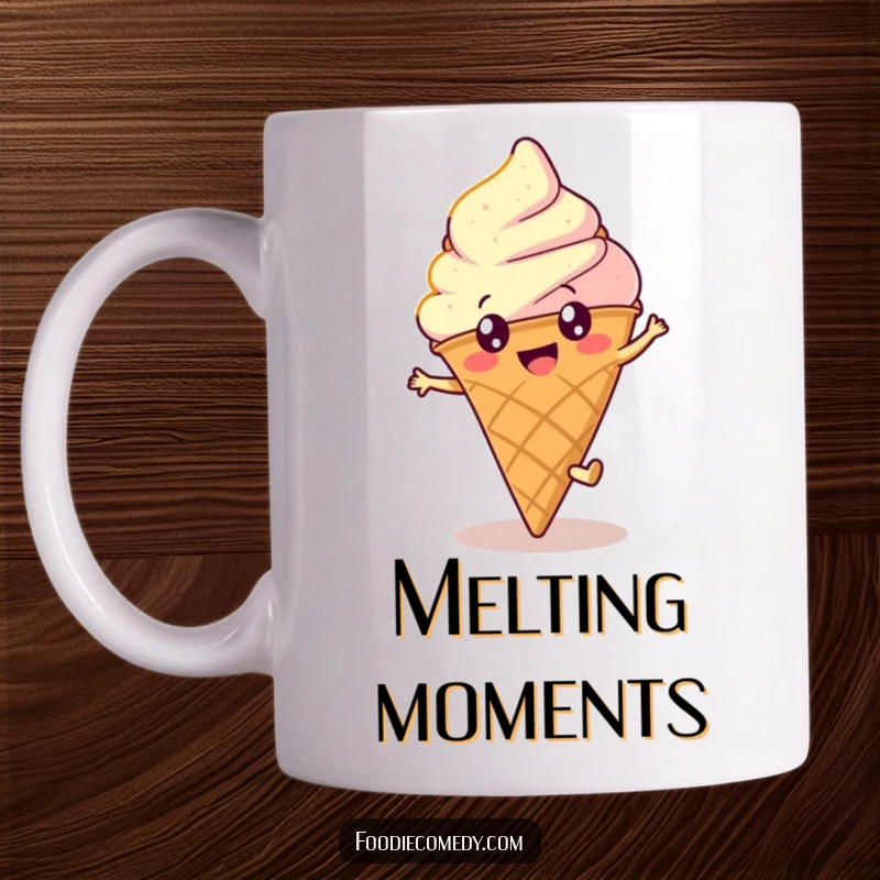 Funny ice cream cone mug with a happy, round character doing a cartwheel with bright, cheerful eyes, conveying pure joy.