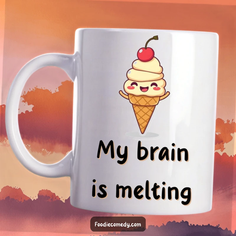Funny ice cream cone mug with cherry on top giggling and spinning with pure delight, a whimsical and cheerful gift.