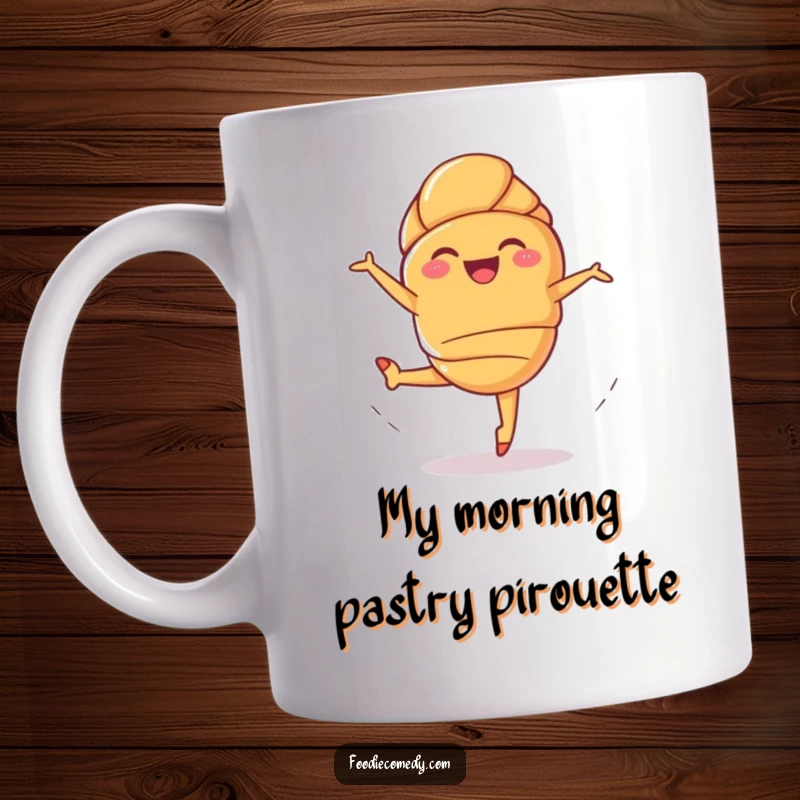 Funny Giggling Croissant Mug: A whimsical pastry leaps in ballet pose, bringing joy and humor to your coffee break.