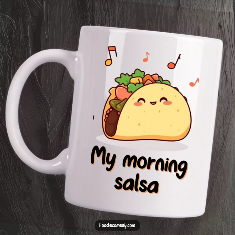 Funny taco mug with a jiggling shell grooving to music, celebrating food and dance with a playful vibe.
