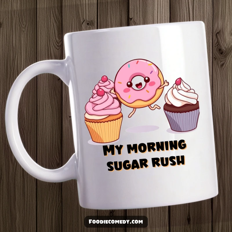 Funny Kawaii Donut Mug: A happy, leggy donut joyfully jumps between colorful cupcakes, bringing sweet, humorous energy to your desk.