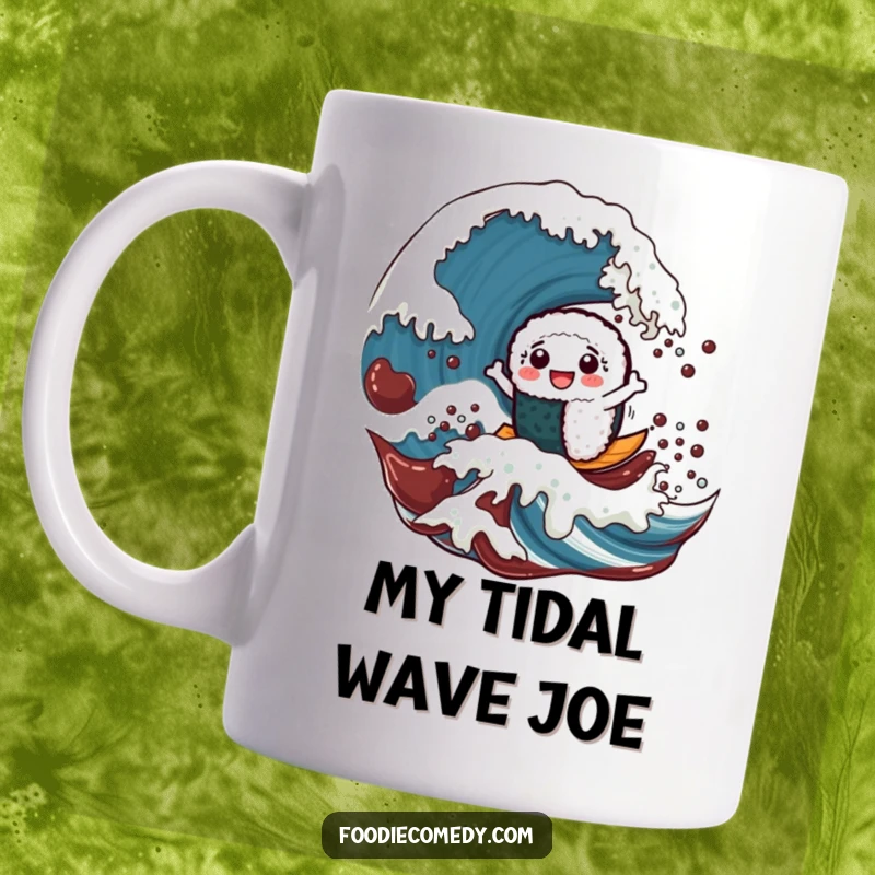 Funny mug depicting a cheerful sushi roll character surfing a giant wave of soy sauce, a playful food adventure.