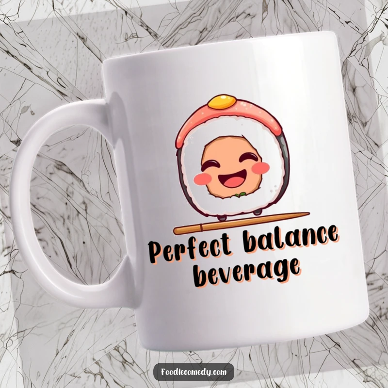Funny Sushi Mug: A grinning sushi slice balancing on a chopstick, representing balance and fun, a perfect gift for foodies.
