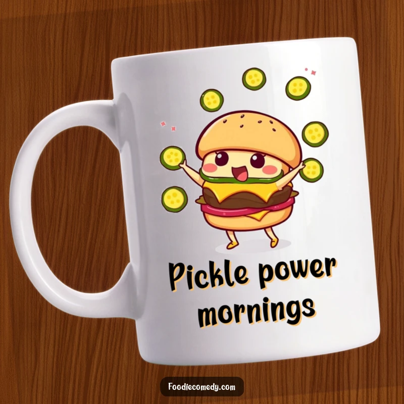 Funny Kawaii Burger Juggling Mug: A happy cartoon burger gleefully tossing pickle slices in the air with delight.