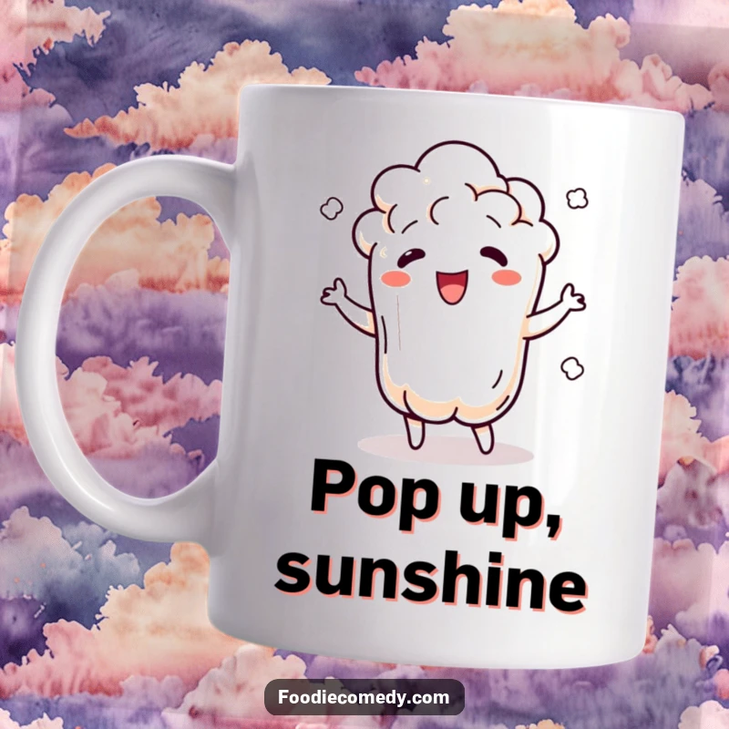 Funny popcorn mug featuring a dancing popcorn kernel popping and jiggling with rhythm, a delightful funny gift.