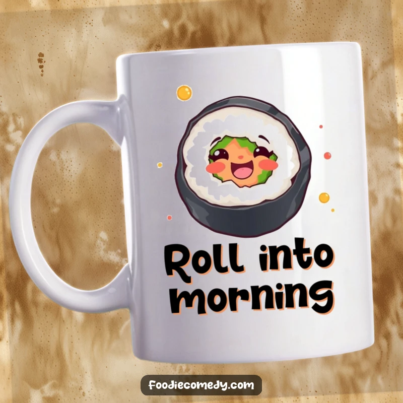 Funny mug featuring a sushi roll joyfully twirling, perfect for adding a whimsical and humorous touch to your kitchen.