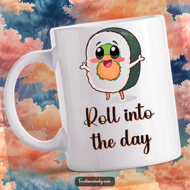 Funny sushi roll mug with exaggerated happy eyes, captured mid-dance with infectious joy.