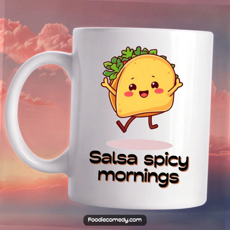 Funny Taco Mug: A cartoon taco with legs dances the salsa energetically, radiating festive fun.