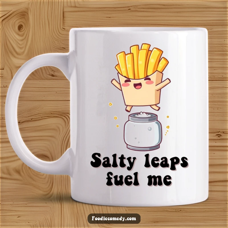 Funny Kawaii French Fry Mug: A cheerful cartoon fry mid-air, leaping over a salt shaker with pure joy.