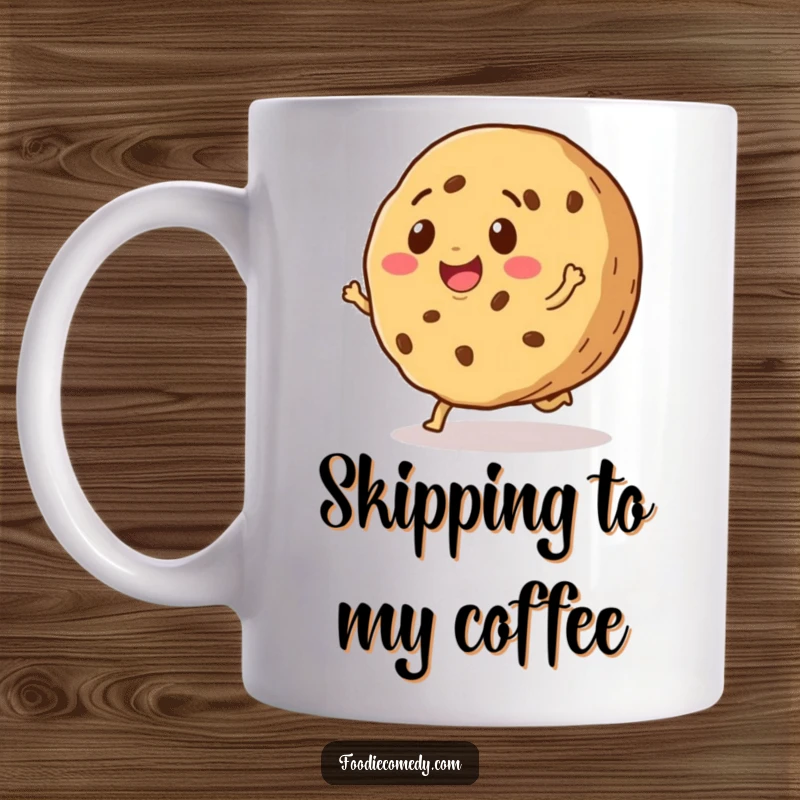 Funny cookie mug featuring a smiling cookie doing a happy little skip, radiating pure joy and sweetness, a perfect gift.