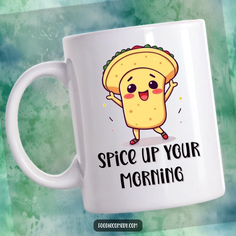 Funny kawaii taco mug, excited taco doing a flamboyant salsa dance, food humor, cute Mexican food art, ideal funny gift for fiesta lovers.