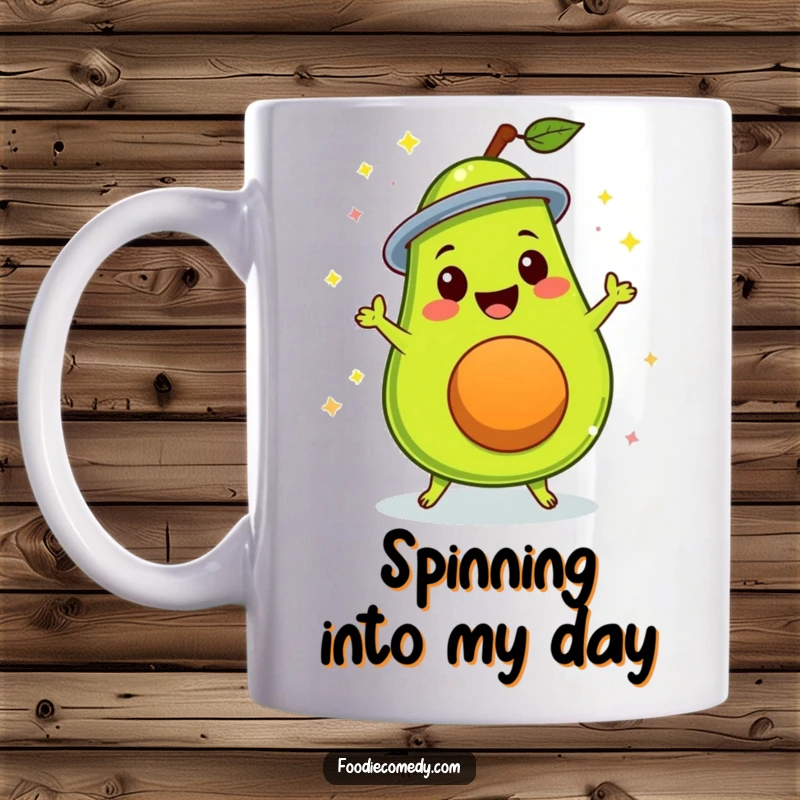 Funny delighted avocado doing a disco spin, a cartoon character dancing on a coffee mug.