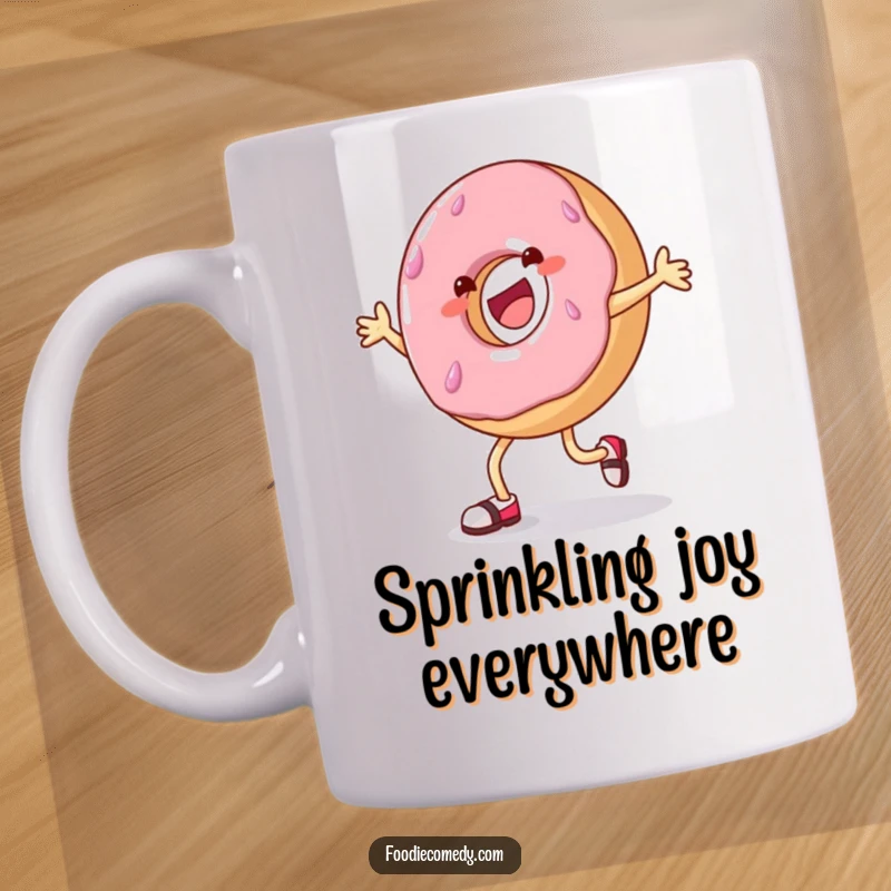 Funny donut mug, cheerful donut character performing an energetic tap dance, cute food art.