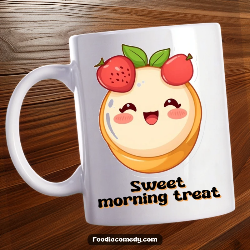 Funny fruit tart mug, a cute dessert character blushing with delight, with a happy and sweet expression.