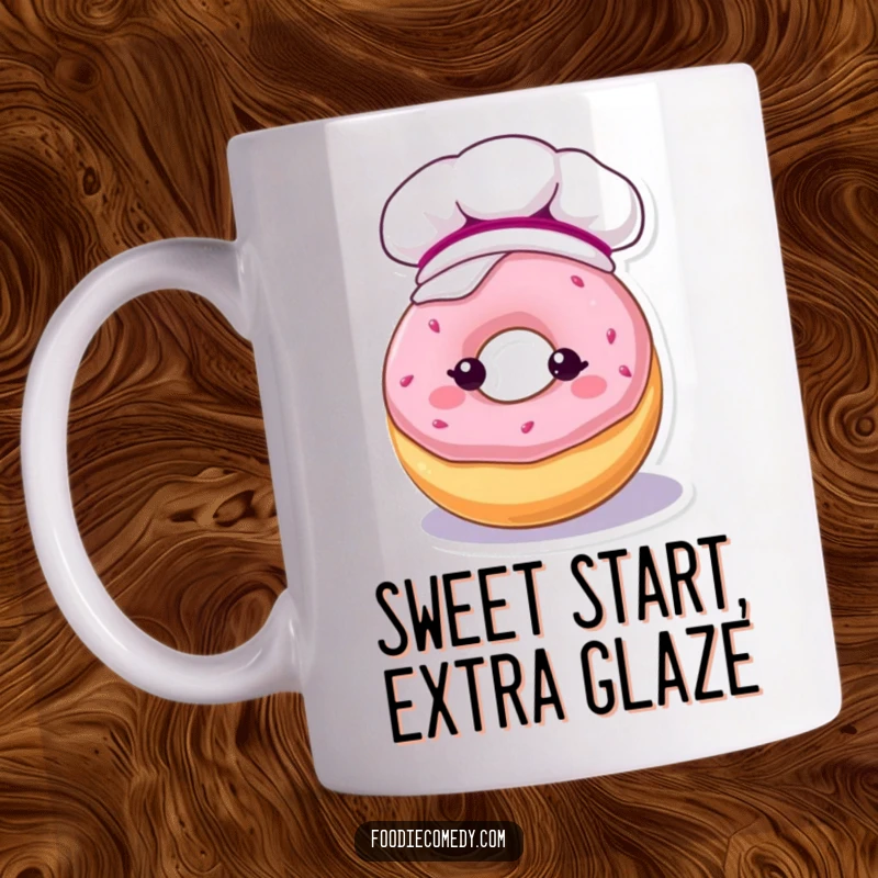 Funny mug featuring a kawaii donut character wearing a baking hat, delightfully covered in frosting, celebrating baking.
