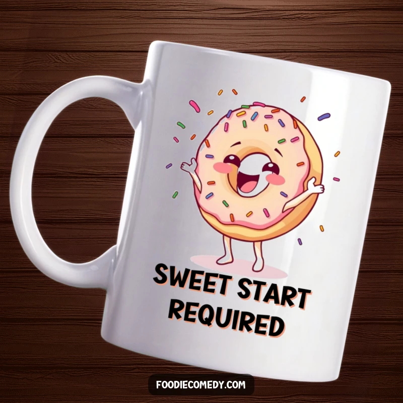 Funny happy donut character with a joyful expression, gleefully juggling colorful sprinkles with outstretched arms.