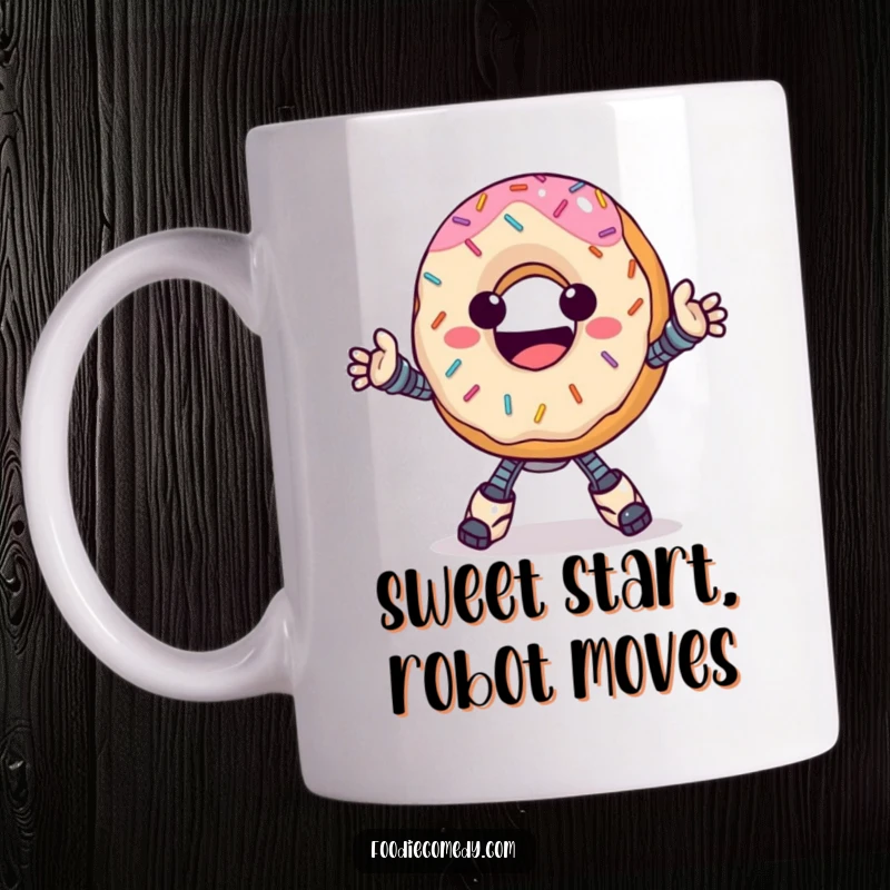 Funny donut mug, happy with sprinkles, doing a groovy robot dance with mechanical precision and joy.