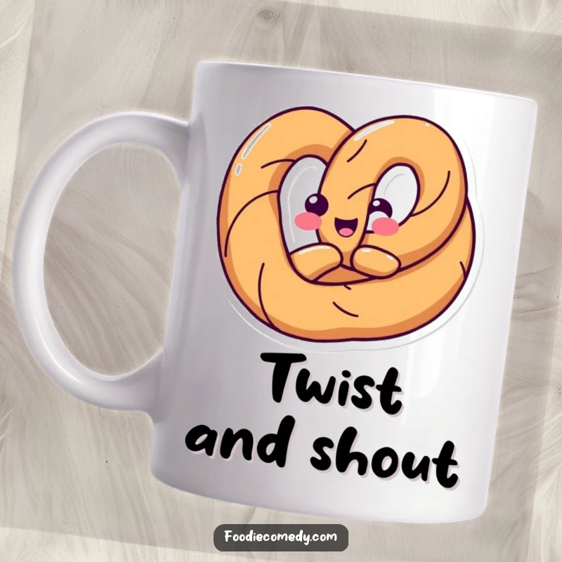 Funny mug with a happy pretzel twisting its body into a fun shape, full of salty charm and comedic flexibility.