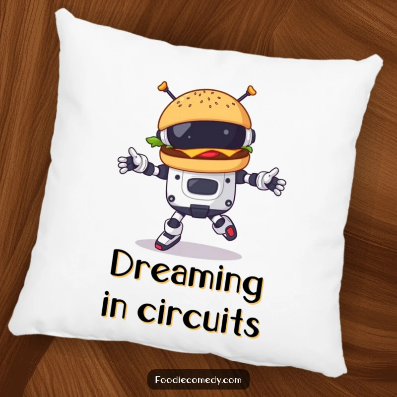 Funny burger character doing a robotic dance on a soft pillow, ideal for adding futuristic comfort and humor.