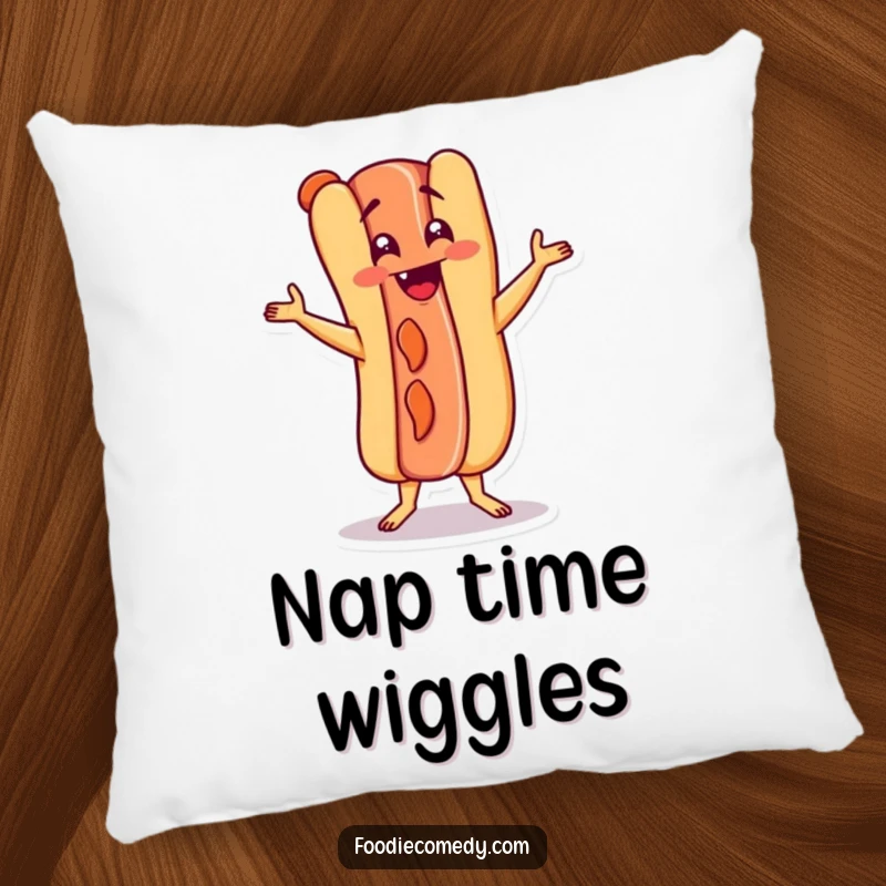 Funny hot dog character doing the Charleston on a soft pillow, ideal for adding playful comfort and humor.