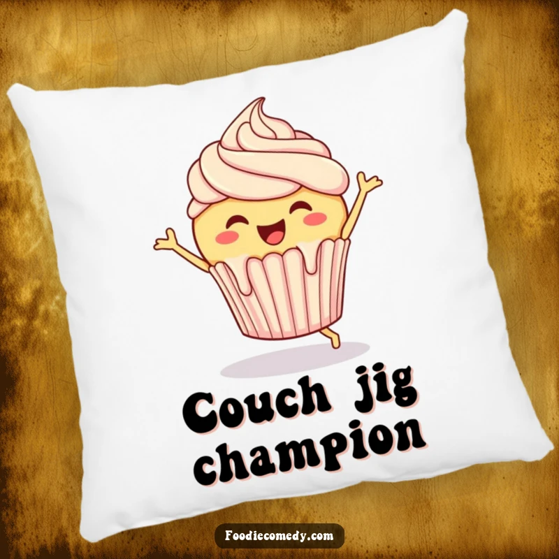 Funny Cupcake Pillow: A cheerful cupcake with frosting dripping, happily doing a jig, offering soft comfort and sweet humor.