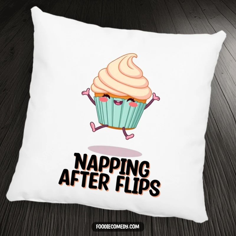 Funny Cupcake Cartwheel Pillow featuring a happy dessert doing a cartwheel, offering comfort and a touch of playful cheer.