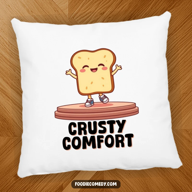 Funny bread pillow with a giggling, stylized loaf in tiny sneakers, hopping on a stage, offering comfort and humorous appeal.