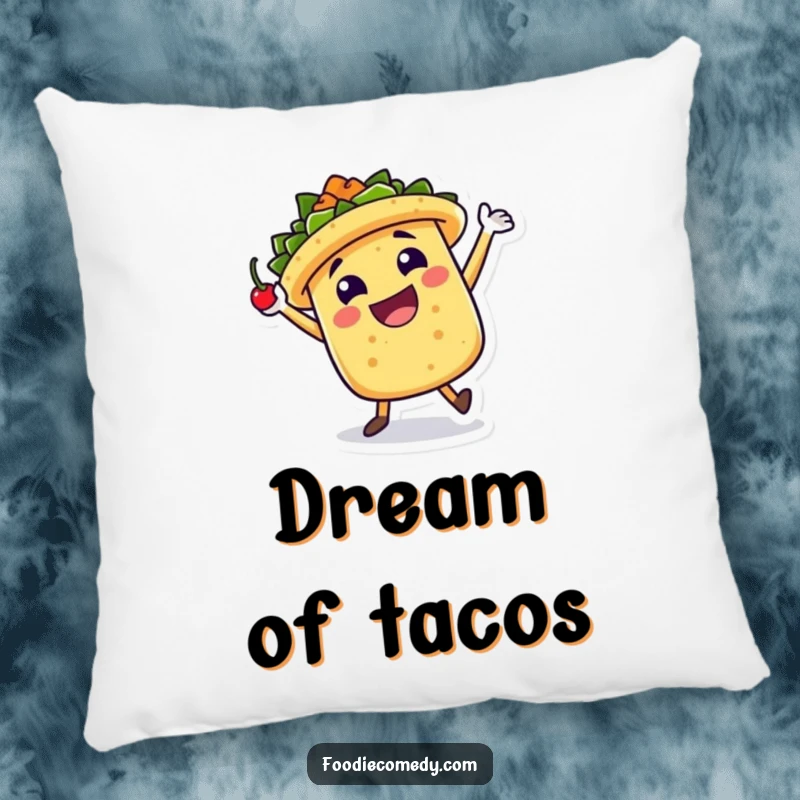 Funny Pillow: A taco character in a joyful jig with a chili pepper offers soft comfort and a splash of party spirit.