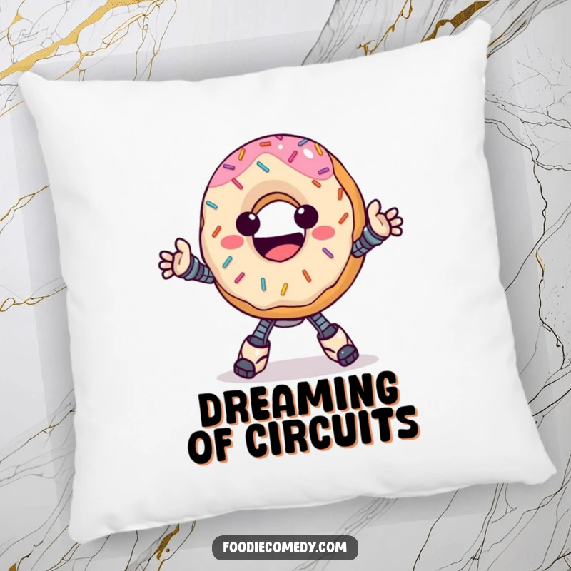 Funny donut pillow, happy with sprinkles, doing a groovy robot dance, perfect for comfort and humor.