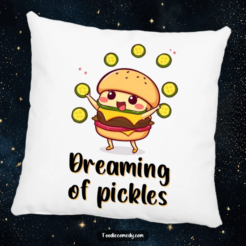 Funny Burger Juggling Pillow: A cute kawaii burger character energetically juggling pickle slices in a cozy pillow design.