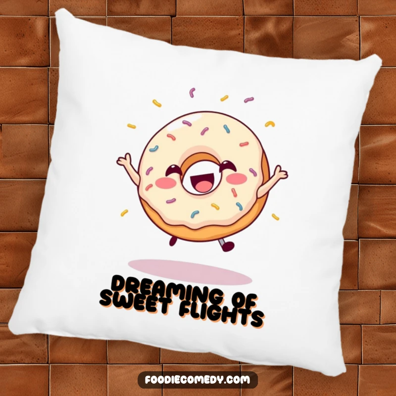 Funny pillow featuring a happy donut mid-leap with sprinkles, offering soft comfort and cheerful vibes.