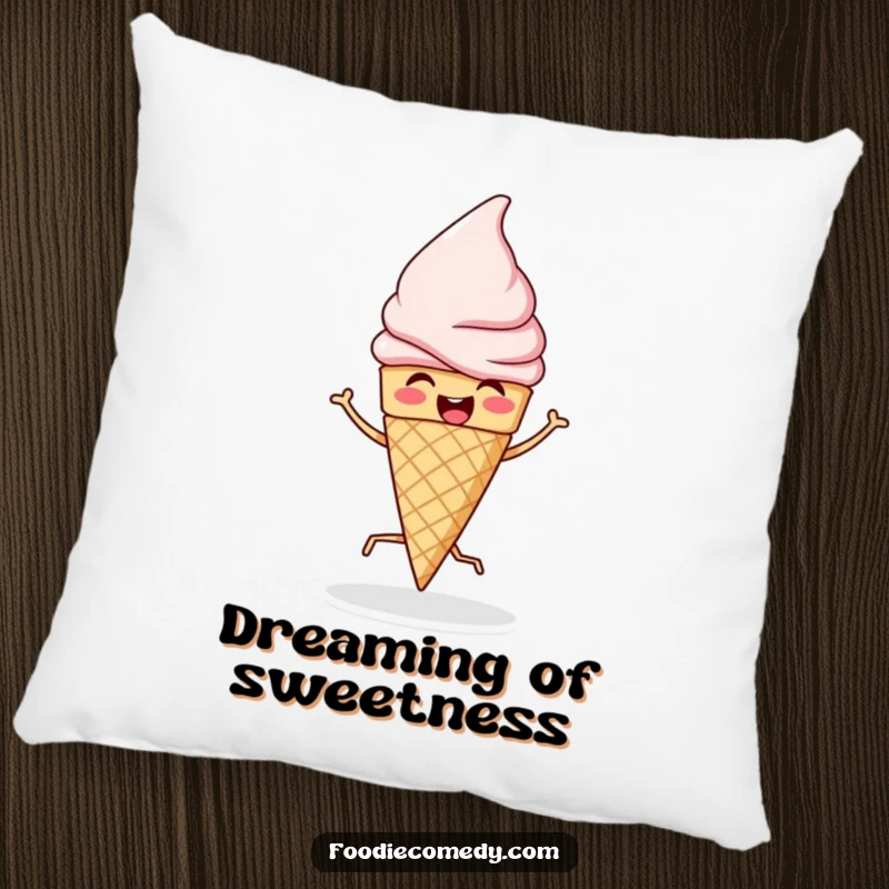 Funny pillow showcasing an ice cream cone doing a lively jig, offering comfort and a humorous dessert theme.