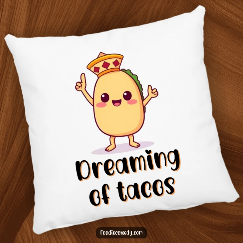 Funny pillow featuring a smiling kawaii taco character in a celebratory victory dance, wearing a tiny sombrero, perfect for comfort.