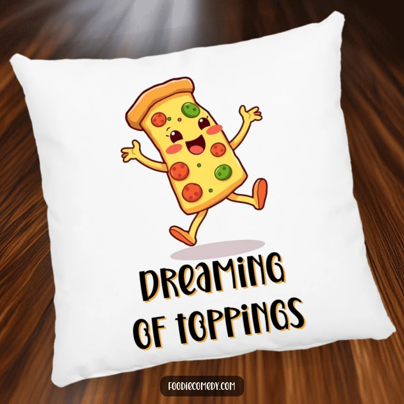 Funny pillow showcasing a pizza slice performing energetic leg kicks, offering comfort and a humorous culinary theme.