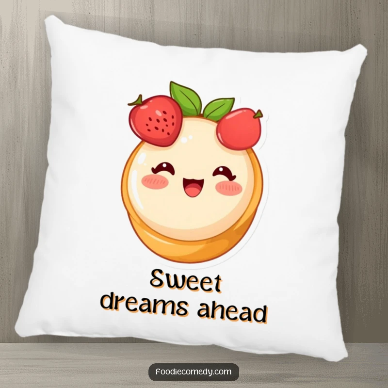 Funny fruit tart pillow, a cute dessert character blushing happily, soft and huggable for sweet relaxation.
