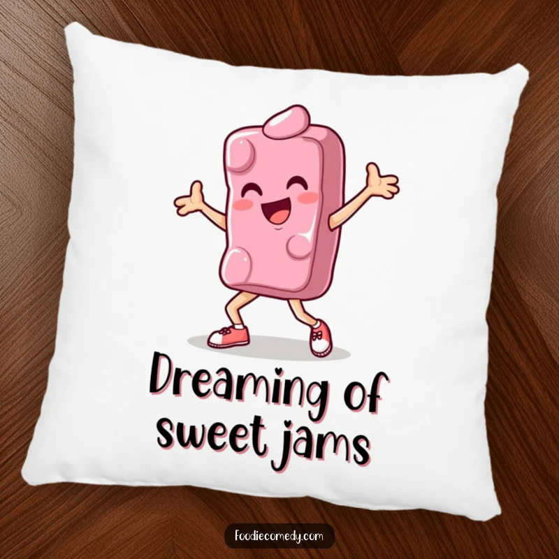 Funny decorative pillow showing a happy candy mid-breakdance move, adding a touch of whimsical fun and soft comfort.