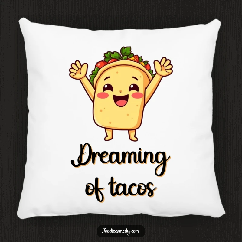 A plush, funny taco character with salsa erupting, presented on a soft and humorous decorative pillow.